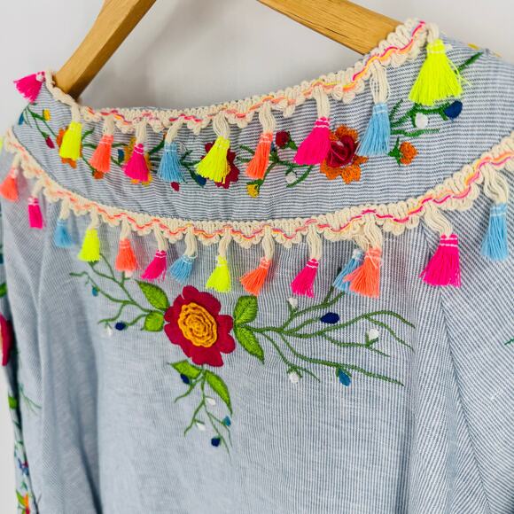 PONG 100% Cotton Embroidered Tassel Tunic Swim Cover Up Blue Stripe Floral M - Picture 7 of 9